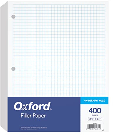 Oxford Filler Paper, 8-1/2 x 11, 4 x 4 Graph Rule, 3-Hole Punched, Loose-Leaf Paper for 3-Ring Binders, 400 Sheets Per Pack (62360),White