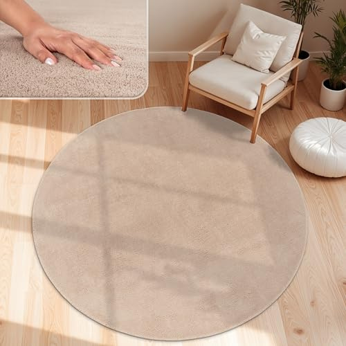 Paco Home Moderner Kuscheliger Wohnzimmer Teppich Kurzflor waschbar flauschig Weich Einfarbig Felloptik zeitlos stilvoll rutschfest pflegeleicht, Grösse:120 cm Rund, Farbe:Beige