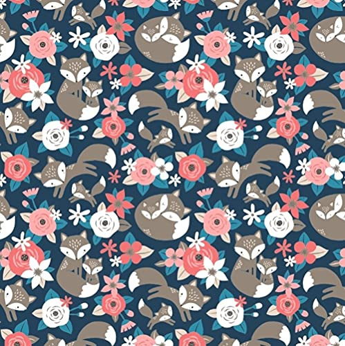 11,99€/m 100x160cm Fuchs 100% Baumwolle Baumwollstoff Kinder Meterware Handwerken Nähen Stoff (Fuchs Blume Dunkelblau, 100x160cm (11,99€/m))