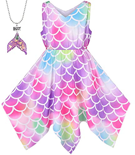 Girls Dress Rainbow Colorful Fish Scale Mermaid Hanky Hem Tail Princess Age 12 Years