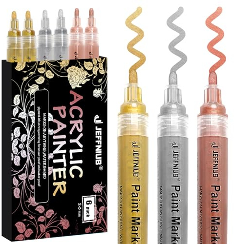 JEFFNIUB 6 Metallic Acrylic Paint Pens 2-3 mm, Gold, Silver, Rose Gold