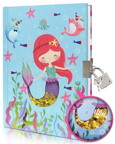 Tagebuch Mädchen mit Schloss, 160 Seiten Notizbuch Kinder Geschenk Mädchen | Meerjungfrau Tagebuch mit Schüttelbaren Pailletten 17.8x13cm Notizbuch Kinder Tagebücher für Schule Geschenke für Mädchen