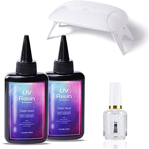 200g UV-Harz mit tragbarer UV-Lampe + helles Öl auf Wasserbasis, verbessertes UV-Epoxidharz, kristallklarer harter Kleber, sonnenlichtaktiviertes Harz für Schmuckherstellung, DIY-Basteldekoration