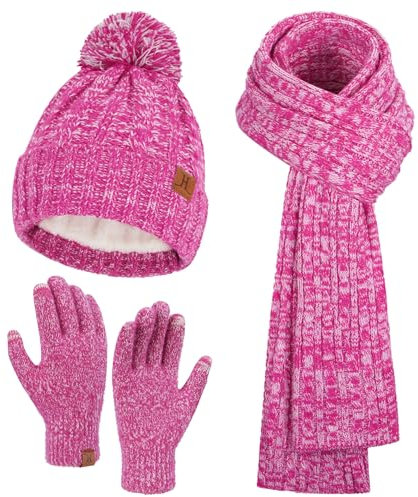 Bequemer Laden Damen Winter Warm Beanie Mütze Touchscreen Handschuhe Lang Schal Set mit Fleece Gefüttert, Thermo Wintermütze Strickmütze mit Bommel Schals Winterhandschuhe Frauen Geschenk, Rosenrot