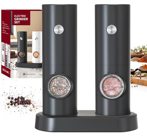 CIRCLE JOY Juego de Molinillo Eléctrico de Sal y Pimienta a Pilas con Base, Luz LED Blanca, Grosor Ajustable y Operación Automática con Una Sola Mano, Negro