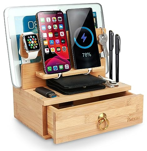 iCozzier Bambus-Dockingstation mit Schublade, Tischhalterung für Handy, Uhr, Geldbörse, Stift, Schlüssel