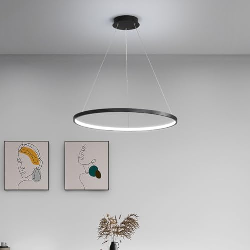Aleaty Runde Esstisch Hängelampe Modern LED Pendelleuchte Wohnzimmer Kronleuchter Dimmbar Mit Fernbedienung Hängeleuchte Für Büro Wohnzimmer Küchen Leuchten Höhenverstellbar (Schwarz, L60cm)