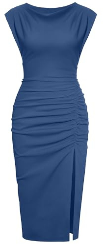 IHOT Bodycon Dress for Women Wedding Guest Summer Sexy Slit Ruched Date Night Out Cocktail Party Club Sheath Dresses Grey Blue S