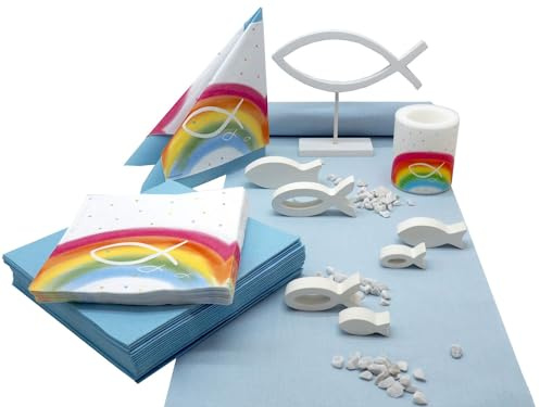 ZauberDeko Kommunion Deko Konfirmation Tischdeko Regenbogen Hellblau Bunt Fisch Set 20 Personen