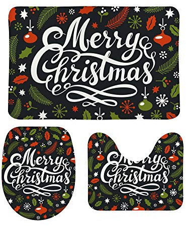 3 TLG Plüsch Anti-Rutsch Badteppich Set Weihnachtselemente Dunkelgrün Wasserabsorbierend Kontur Badteppich Shaggy Wc-Deckelbezug Anti-Rutsch Badematte 3-TLG