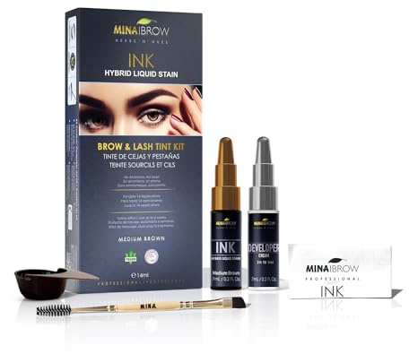 MinaiBrow INK Hybrid Liquid Tint for Brow & Lashes Medium Brown |Long Lasting Spot Coloring for Brow & lash |Instant Brow Hair Dye Tint Kit | 100% Gray Coverage - up to 14 Applications - 14ml