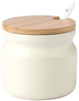 Jarsense Sucrier en céramique de 300 ml avec couvercle et cuillère en bois, pot à épices pour sel, sucre, café, thé, assaisonnement pour la maison, la cuisine, le café, le bar – Blanc cassé