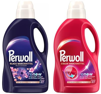 PERWOLL Flüssig-Set 2x 27 Waschladungen (54WL) 1x Black Blütenmeer & 1x Color, Feinwaschmittel reinigt sanft und erneuert Farben und Fasern, mit Dreifach-Renew-Technologie