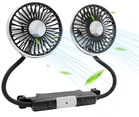 Ventilatore per auto, doppia testa per sedile posteriore, doppia ventola girevole a 360 gradi, ventola di raffreddamento USB auto con 3 velocità e 2 livelli di luminosità, luce LED per camion Van SUV