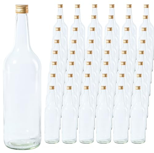 Vitrea 48 leere Glasflaschen 1 Liter Schraubverschluss Gold - große Flaschen zum Befüllen mit Deckel - für Wein, Saft, Getränke, Likör, Öl, Saucen - 48 Stück, PP28, Gradhals