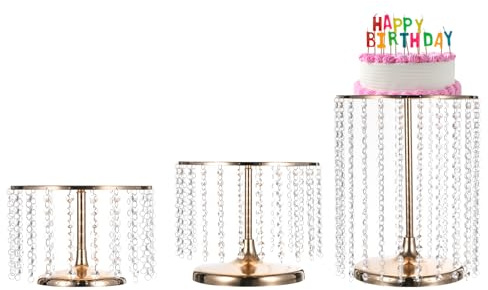 QUARKZMAN Alzata Torta Metallo 3pz Pendenti Cristallo Scintillante, Piatto Esposizione Rotondo Dessert e Cupcake Tavolo Dessert Feste Compleanno, Eventi Nozze, Oro