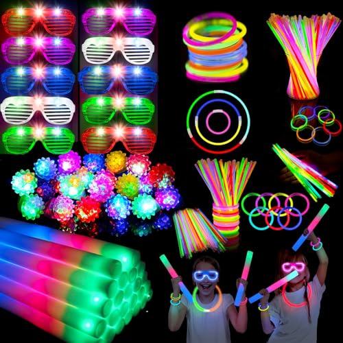 130 Stück im Dunkeln leuchtende Partyzubehör, Leuchtstäbe, Großpackung, 10 Schaumstoff-Leuchtstäbe, 10 LED-Gläser, 10 LED-Leuchtringe und 100 Leuchtstäbe für Neon-Party-Dekorationen, Hochzeit