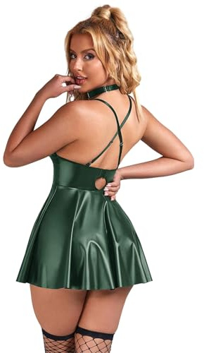 ohyeahlady Vestido Sexy Mujer Corto De Cuero Tallas Grandes Vestidos de Fiesta Elegantes Mini Vestito Sexy Club sin Mangas Ropa Lenceria Hot Trajes Vestir Conjunto Wetlook Ajustado Cóctel Verde,L