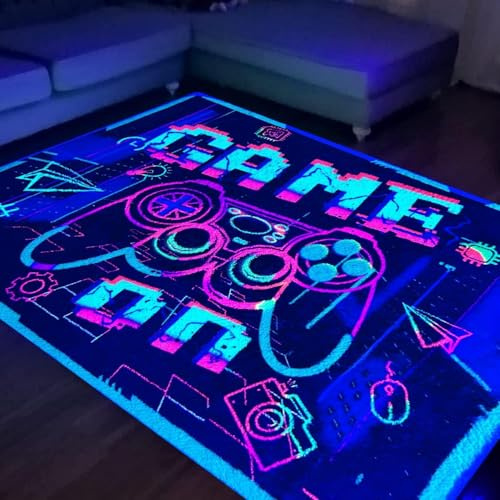 HOLAVIDA Neon spelmattor område, 3D svart ljus UV-reaktiv spelkontroll matta, halkfri fluorescerande golvmatta, lyser i mörkret lekmatta för barn lekrum 180 x 120 cm