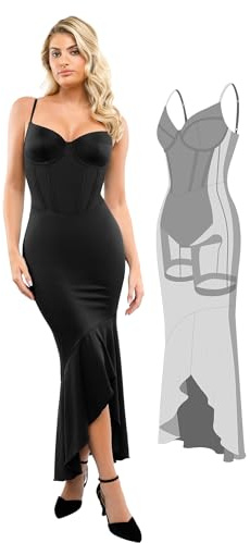 Popilush Corset Dress Built in Shapewear - Formal Dress for Women Deep V Neck Maxi Slip Bridesmaid Dresses for Wedding Pure Black