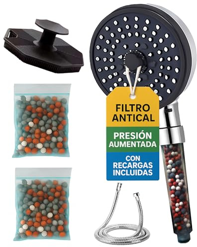 Alcachofa de Ducha con Filtro Antical Anticloro Bolas Mineralizantes Presión Aumentada 9 L/min para Agua Dura Chorro Uniforme Mango Ergonómico Manguera Flexible Esponja Exfoliante 2 Recambios