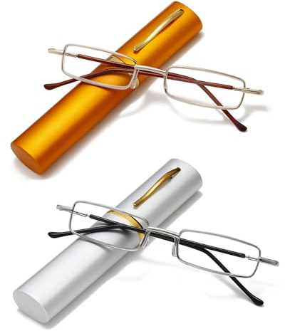 Hubeye 2 Pares Gafas de lectura portatiles de metal para hombre y mujer Anteojos de lectura con bisagras de resorte Gafas anti luz azul con carcasa metálicas 2.00