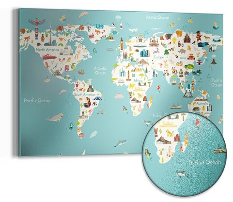DEQORI Metall Magnettafel | 60x40 cm cm groß | Motiv Süße Weltkarte (Englisch) | Whiteboard für alle Magnete | Magnetboard Wand-Tafel für Küche & Büro | Design Magnetwand Pinnwand magnetisch