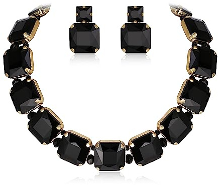 EVER FAITH Schmuckset Statement Quadratische Kristall funkelnde Strass Halskette Ohrringe Set für Damen Party Prom Schwarz Gold-Ton