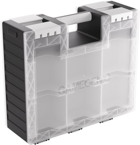 Game Castle - Valigetta tutto in uno a doppia faccia per carte e accessori da gioco, 19 vassoi rimovibili in 5 misure, ideale per carte, gettoni, dadi e strumenti, colore nero/bianco/trasparente