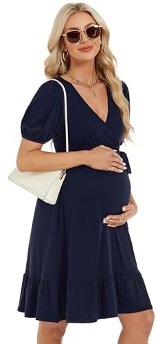 MODIURBAN Damen Umstandskleid V-Ausschnitt Sommer Kurzarm Stillkleid Umstandsmode hohe Taille Rüschen Schwangerschafts Kleid mit Gürtel Dunkelblau M
