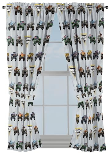 Jay Franco Window Curtains for Kids Bedroom 4-Piece Drape Set with 2 Tiebacks, Grey - Monster Jam, 42 W x 63 L (Pack of 2)