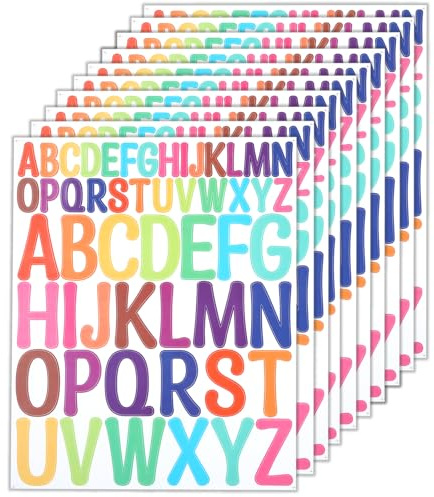 520 Stück/10 Bögen Buchstaben Aufkleber Groß Helle Farben, Klebebuchstaben Wetterfest Groß ABC Selbstklebende Buchstaben Sticker 2,5-5cm zur Dekoration von Schultüte, Scrapbook, Geschenken und Möbeln