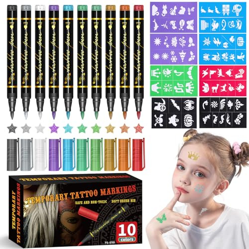 Tattoo Stifte Kinder Set, 10 Stück Glitzer Tattoo Tattoostifte + 74 Schablonen, Temporäre Tattoostifte für Kinder Erwachsene Geschenkidee Geburtstag Halloween Fasching Party