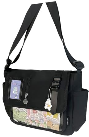 Borsa a tracolla in nylon stile college giapponese progettata per appassionati di anime e studenti borse a tracolla pratiche e spaziose borsa da college alla moda, Nero, tinta unita, One Size