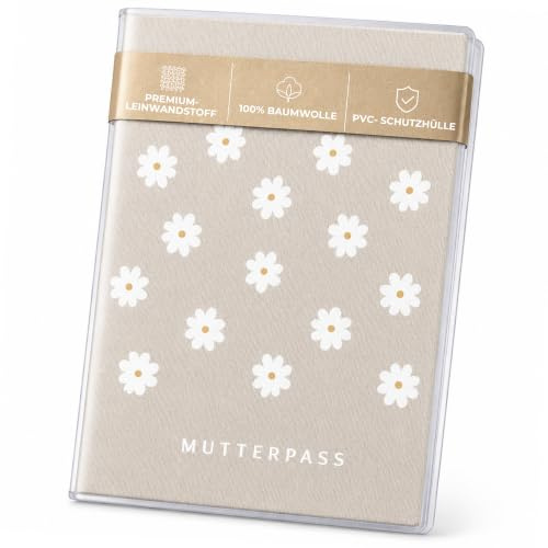 FreudenPost® Mutterpass Schutzhülle & Mutterpasshülle aus Leinwandstoff – Geschenk zur Schwangerschaft & Geburt – Fach für Ultraschallbilder – stilvoll & langlebig (Gänseblümchen beige)