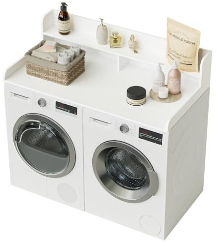 Apetaccat Encimera de Lavadora y Secadora de 2 Niveles, 137 x 70 cm, Lavandería Encimera de Madera para Lavadora y Secadora con Almohadillas Antideslizantes, Blanco