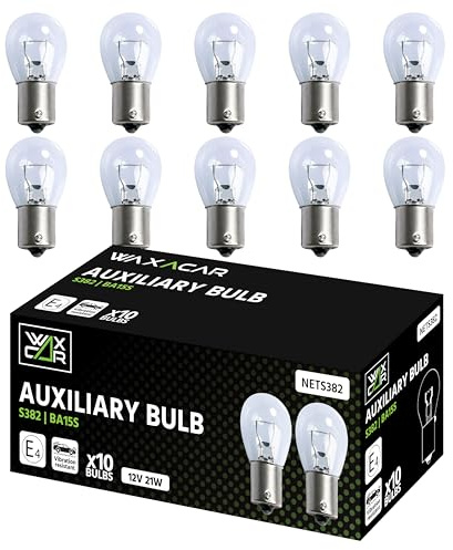 WAXACAR Vehicle Light Bulbs, Multi-Purpose for Tail, Brake, Fog, Indicator, Reverse Lights, 10 Pack, Universal Fit, Halogen, 21W, Compatible with Car, Van, Trailer, Truck, Bike (382 (10 Pack))