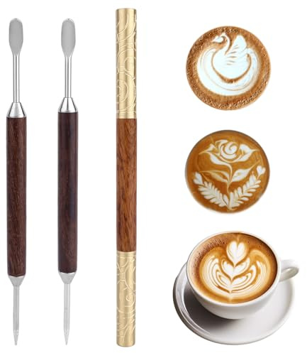 3 Penne per Latte Art, Strumento l'Arte del Caffè in Acciaio Inossidabile a Doppia Estremità con Manico in Legno Strumenti Professionali Baristi la Casa e Accessori per Bar