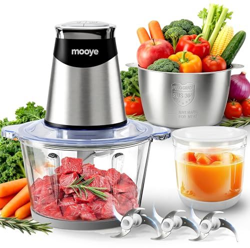 Mooye Food Processors Electric Food Chopper with Meat Grinder & Vegetable Chopper - 3 Bowls(8Cup+8Cup+3Cup) with Powerful Copper Motor - Includes 3 Sets of Bi-Level Blades for Fruits/Meat/Nuts