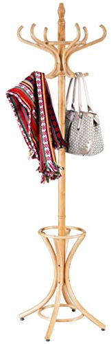 COSTWAY Porte Manteau sur Pieds avec 12 Crochets en Bois Massif, Base à 4 Pieds Stable, Porte-Manteau Bois, Perroquet pour Chapeaux Parapluie, 51 x 51 x 184 CM