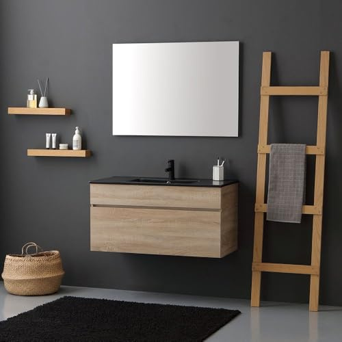 Kiamami Valentina Mobile Bagno Sospeso 100 Cm Quercia Naturale Lavabo Nero | Composizione con lavabo ceramica nero opaco, specchio 100x60 cm, cassettone soft close, stile moderno