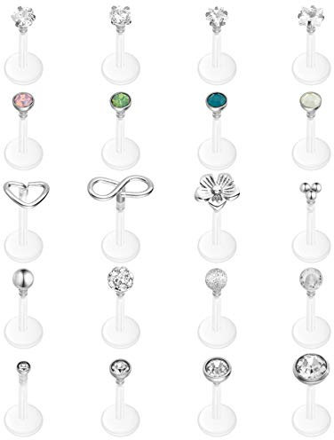 Aroncent 20PCS Lippenpiercing Labret Stecker Monroe Tragus 16G Kunststoff Piercing Nasen Stud 6mm/8mm