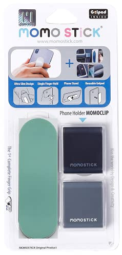 MomostyCK Original Momoclip + fingerhållare för mobiltelefon, mobiltelefonhandtag, mobiltelefonring (momostick kombinationspaket + Momoclip mate-serien klämma - grön)