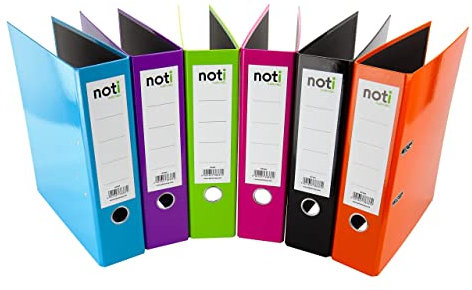 6er Pack Premium Color-Ordner Intensiv-Farben – Hochglanz laminiert in lila, grün, hellblau, orange, pink, schwarz – 80mm breit für DIN A4 mit patentierter extra starker 85mm Mechanik