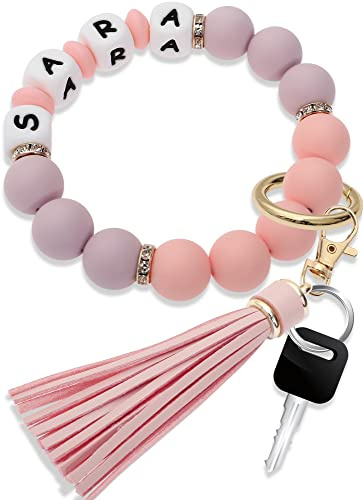 Panny and Mody - Portachiavi in silicone con perline per auto, portachiavi da donna, con nappine in pelle, Rosa+lilla, taglia unica