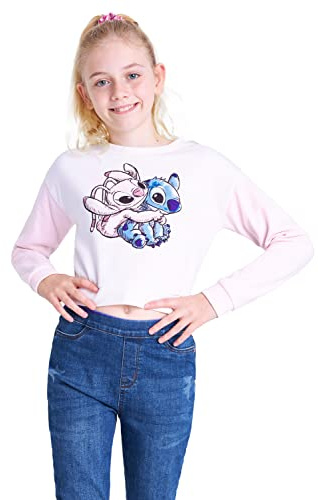 Disney Sudadera Niña Stitch, Sudadera Corta Niña, Sudadera Crop Top para Niñas Lilo y Stitch, Ropa para Niñas 7-14 años (13-14 años, Beige/Rosa)