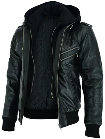 Vance Herren Echt Lederjacke aus 100% Rindsleder L Abnehmbarer Hoodie
