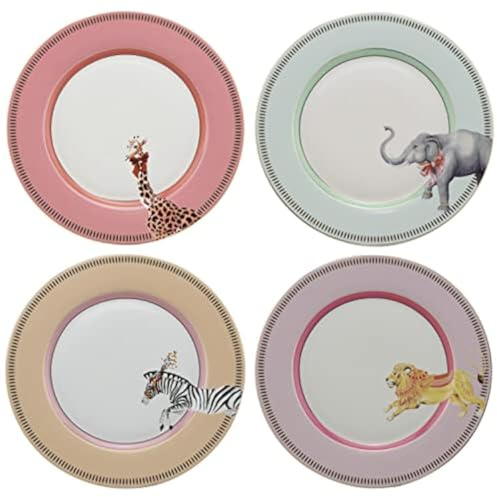 YVONNE ELLEN Lot de 4 assiettes en porcelaine anglaise de style vintage en porcelaine anglaise avec détails dorés, 26,7 cm de diamètre, jolie couleur pastel avec motif insolite