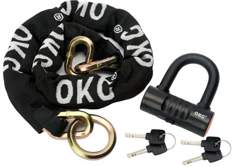 OKG Ultra Security Motorcycle Chain Lock - 4 Keys, 13lbs, 5 ft x 1/2 in (12mm) Thick Noose Security Chain Combo 11/16 (18mm) Small U Lock for Motorcycles, Mopeds, E-Bikes, Trailers, ATVs, etc.