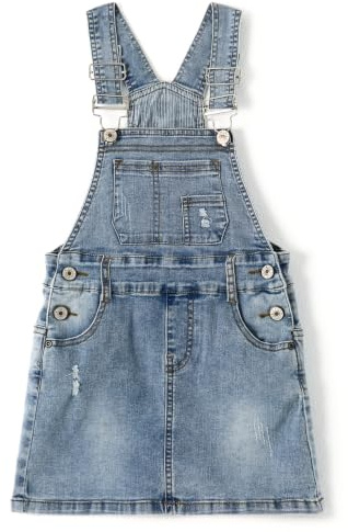 KIDSCOOL SPACE Big Girls Skirt,Ripped Soft Strechy Denim Girls Summer Overalls Dress,Light Blue,7-8 Years